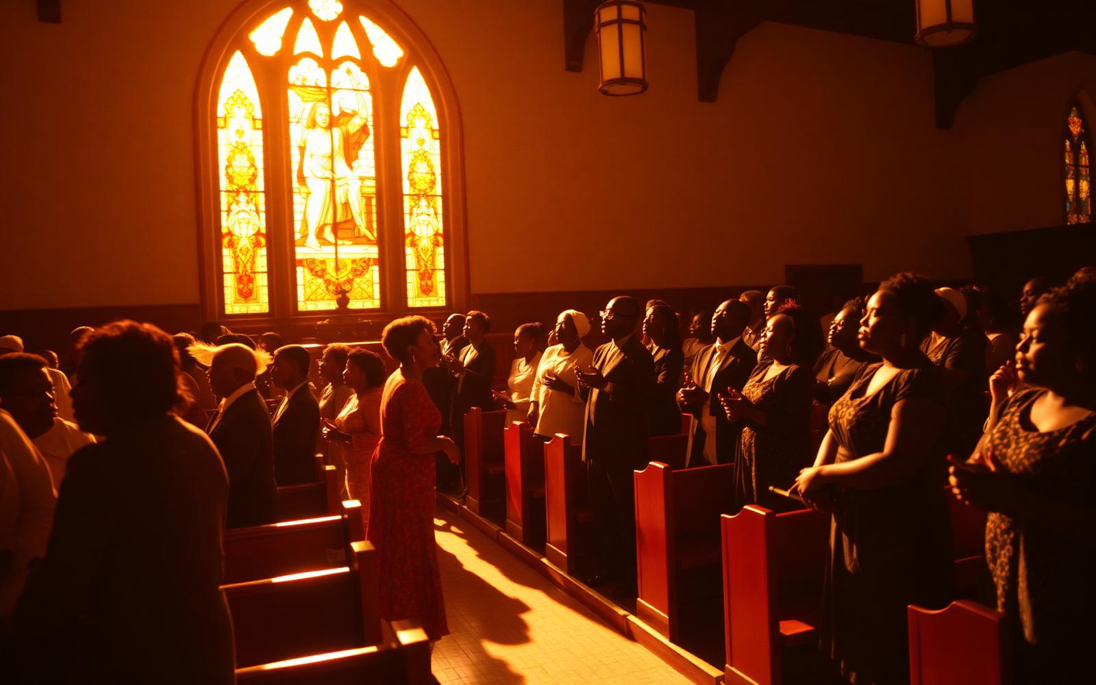 Congregation standing in worship inside the New Pilgrim Rest sanctuary